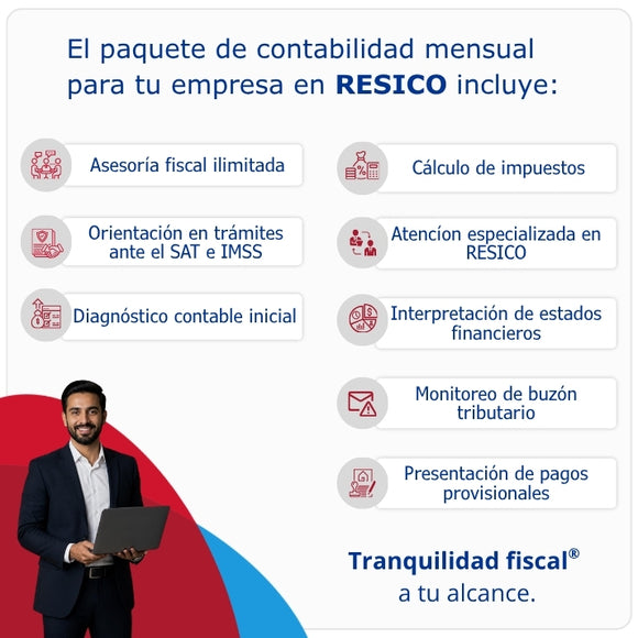 El paquete de contabilidad mensual para empresas en resico con impuestum incluye asesoría fiscal, cálculo de impuestos, diagnóstico fiscal, estados financieros y atención personalizada